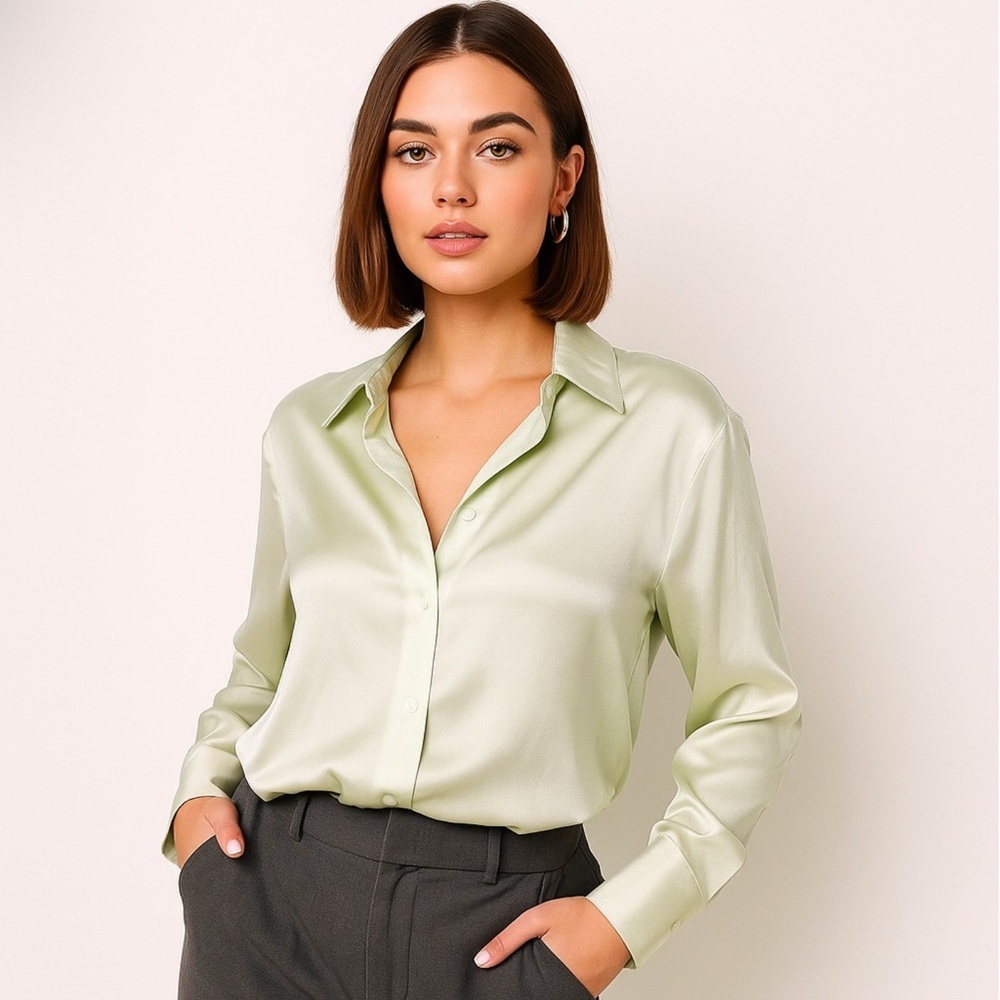 Adrienne Landau Lime Cream Open Back Relaxed Button Down Loungewear Top Size S